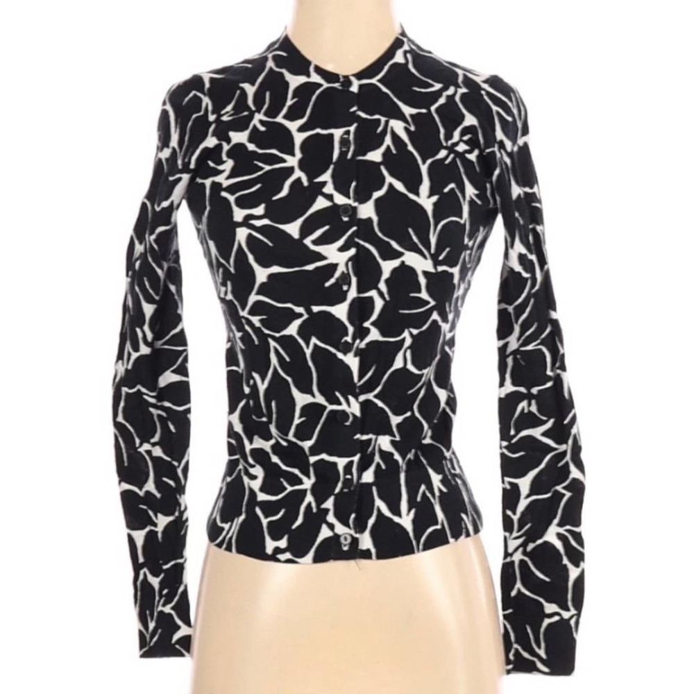 Ann Taylor LOFT Cardigan Cotton Black White Floral Leaves Sweater Size XS